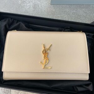 Saint Laurent Beige Leather YSL Kate Flap Shoulder Bag size Medium Gold Logo